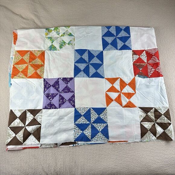 Unfinished Hand Stitched Patchwork Quilt Top 95" x 74" Americana Vtg Colorful - Picture 4 of 10